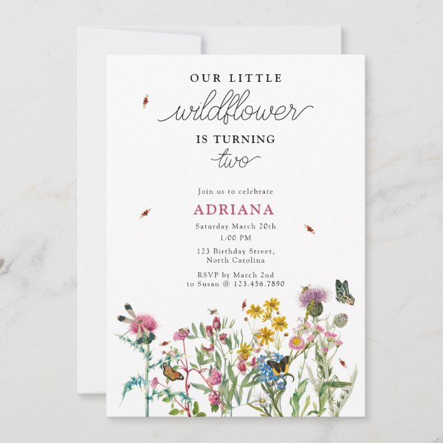 Invitation Fleur sauvage d'aquarelle Insectes florales 1er an (Devant)