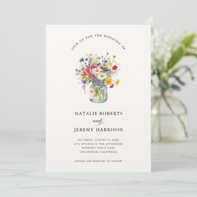 Invitation Fleur sauvage d'aquarelle Mason Jar Mariage rustiq (Debout devant)