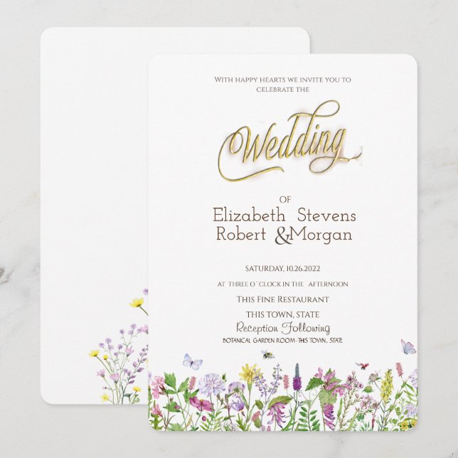 Invitation Fleur sauvage d'aquarelle Papillons Mariage (Devant / Derrière)