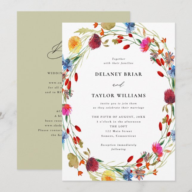 Invitation Fleur sauvage d'aquarelle Wreath tout en un Mariag (Devant / Derrière)