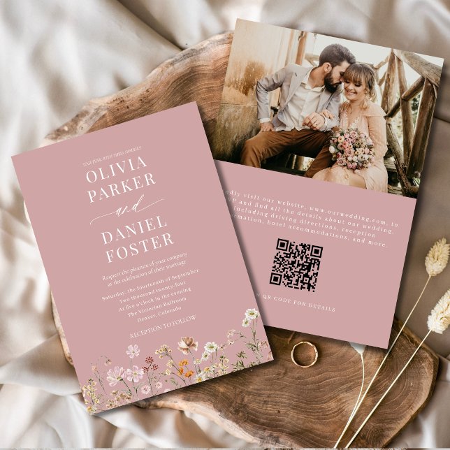 Invitation Fleur sauvage de Boho rose QR Code Mariage photo (Créateur téléchargé)