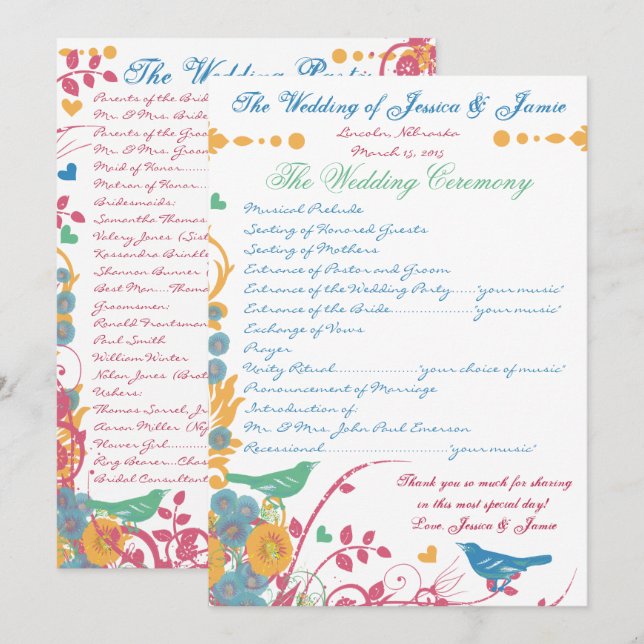 Invitation Fleur sauvage de framboise bleu Mariage d'oiseaux (Devant / Derrière)