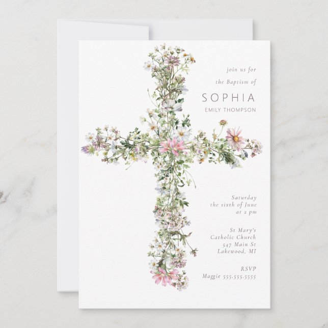 Invitation Fleur sauvage de la prairie blanche croix Baptême  (Devant)