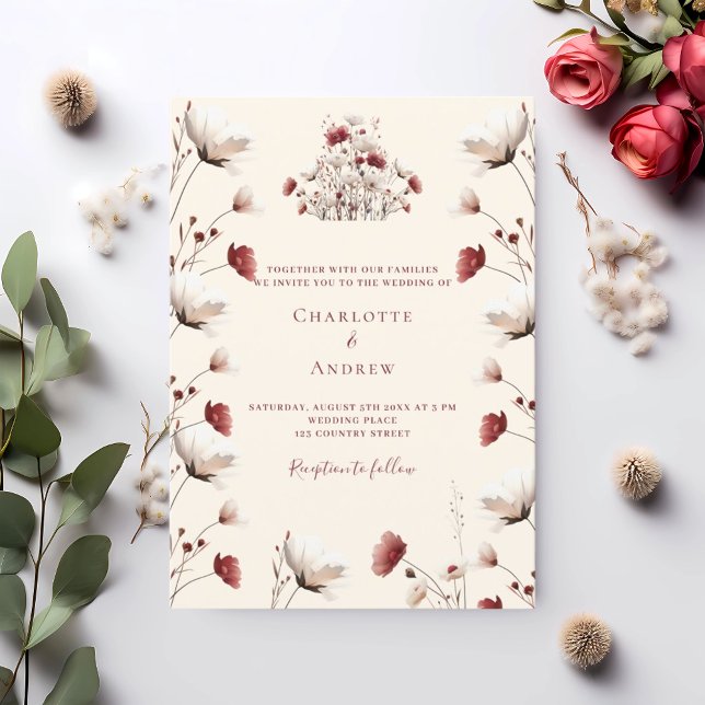 Invitation Fleur sauvage de l'automne burgundy crème mariage  (Créateur téléchargé)