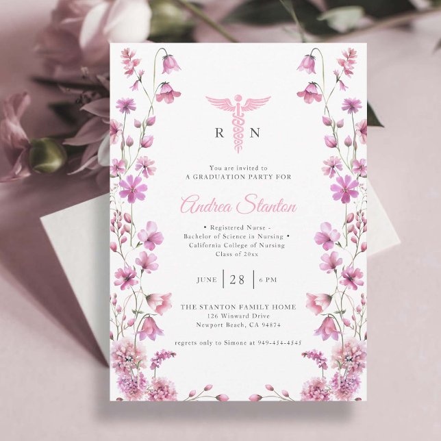 Invitation Fleur sauvage de l'école de soins infirmiers (nursing school graduation pink caduceum wildflowers frame contemporary minimalist modern classy )