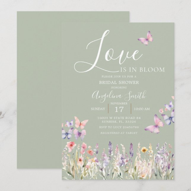 Invitation Fleur sauvage de Sage Fête des mariées papillon fl (Devant / Derrière)