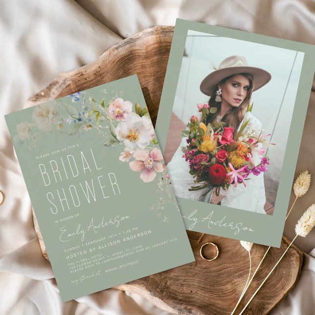 Invitation Fleur sauvage de Sage Green Boho Photo (Créateur téléchargé)