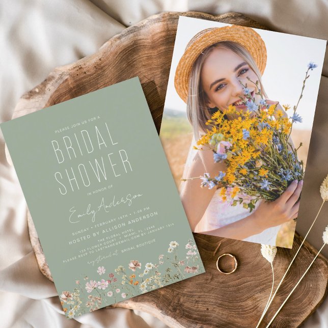 Invitation Fleur sauvage de Sage Green Boho Photo (Créateur téléchargé)