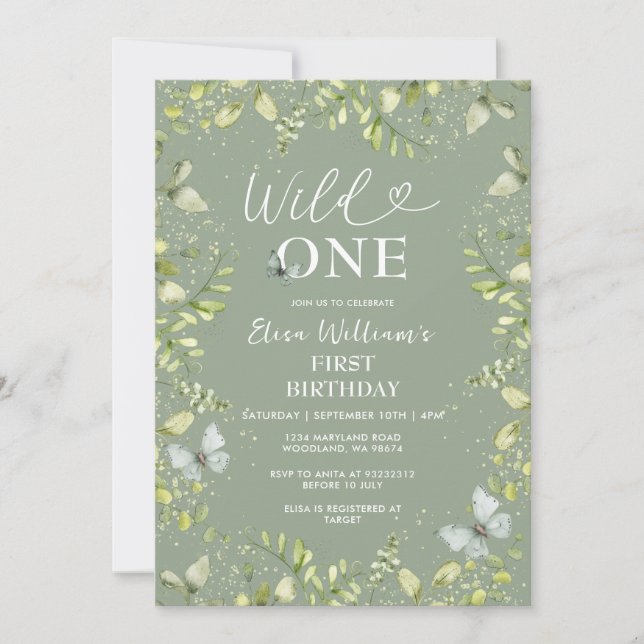 Invitation Fleur sauvage de verdure Fête des papillons Wild O (Devant)