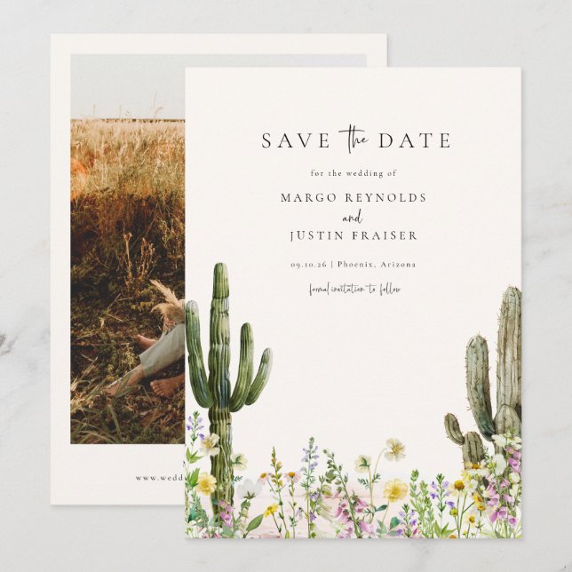 Invitation Fleur sauvage Désert Photo Mariage Enregistrer La  (Devant / Derrière)