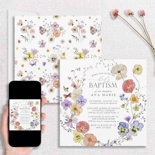 Invitation Fleur sauvage d'été printemps aquarelle Baptême (Créateur téléchargé)