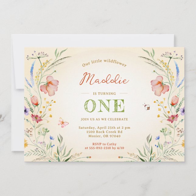Invitation Fleur sauvage devenant une 1ère fille anniversaire (Devant)
