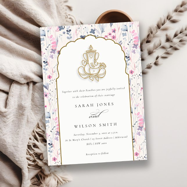 Invitation Fleur sauvage d'or Blush Ganesh Mariage indien (Créateur téléchargé)