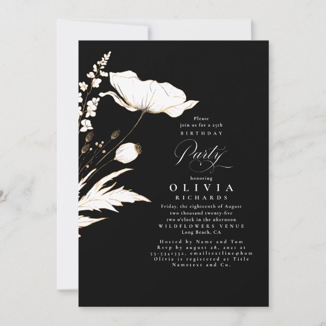 Invitation Fleur sauvage d'or Noir et Blanc fête d'anniversai (Devant)