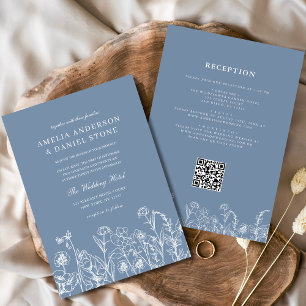 Invitation Fleur sauvage Dusty Blue Botanical QR Code Mariage