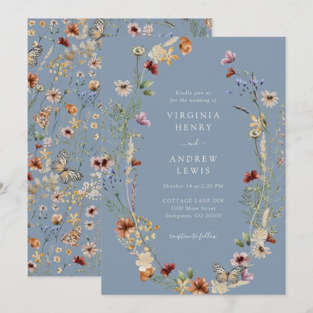 Invitation Fleur sauvage Dusty Mariage bleu (Devant / Derrière)