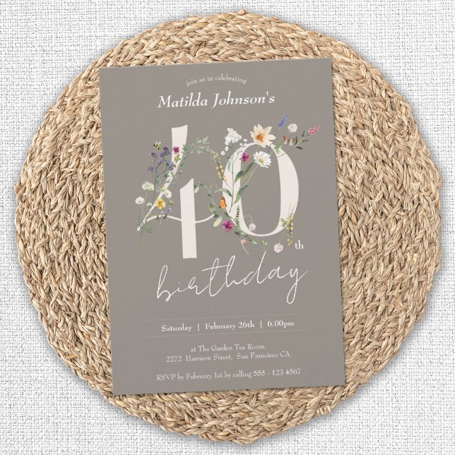 Invitation Fleur sauvage Elégant Floral 40e anniversaire (40th Birthday Wildflowers Elegant Floral Invitation)