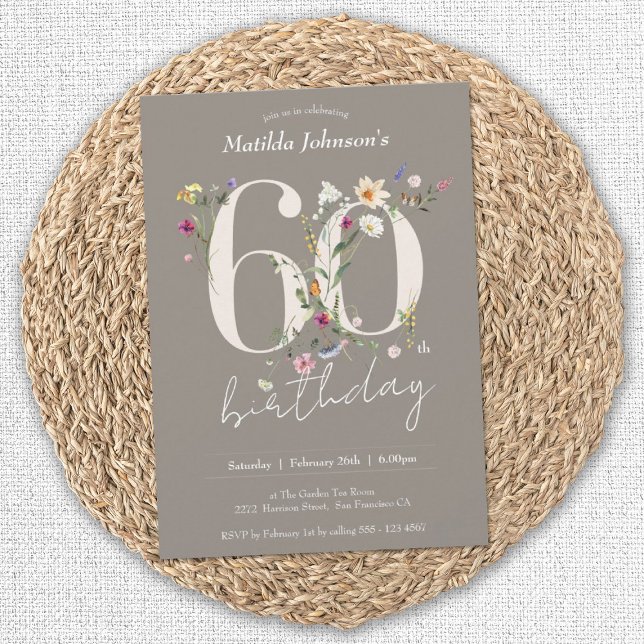 Invitation Fleur sauvage Élégant Floral 60e anniversaire (60th Birthday Wildflowers Elegant Floral Invitation)