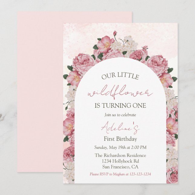 Invitation Fleur sauvage Élégant Floral Baby Girl 1er anniver (Devant / Derrière)
