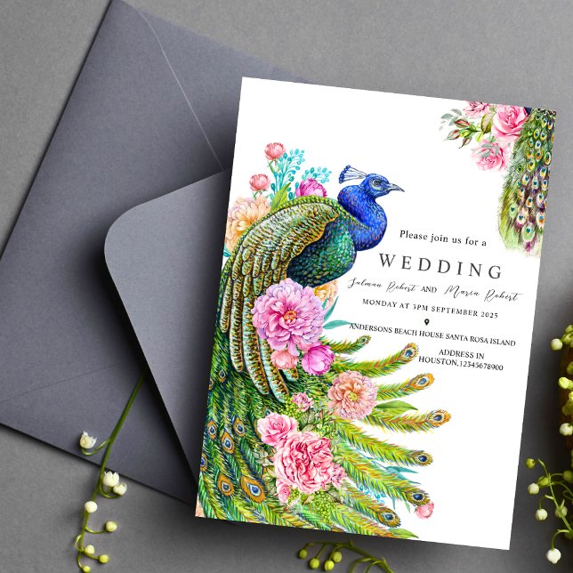 Invitation fleur sauvage élégant Peacock indien mariage fanta (Créateur téléchargé)