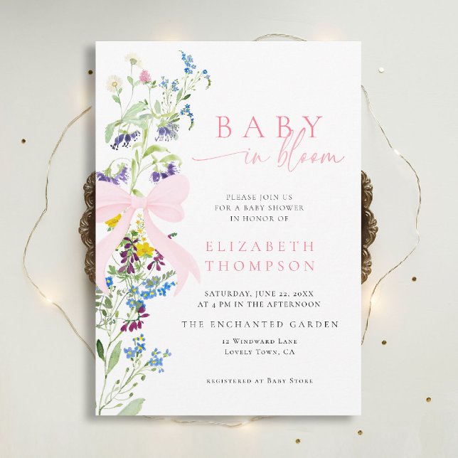 Invitation Fleur sauvage en Fleur Garden Bow Girl Baby shower (wildflowers baby shower invitation in bloom elegant pink bow garden party watercolor calligraphy)