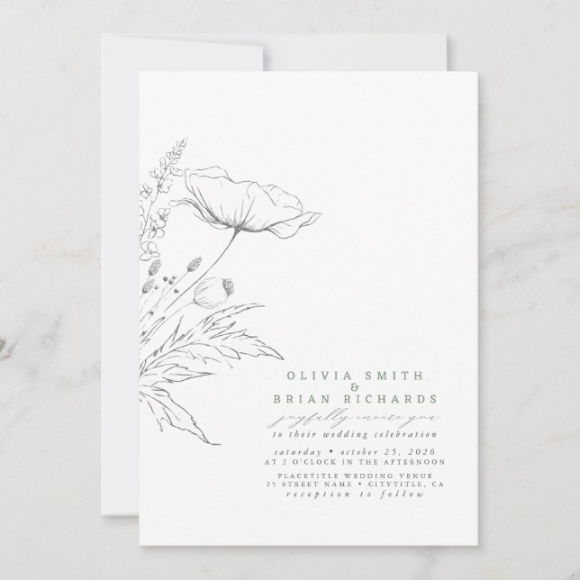 Invitation Fleur sauvage Esquisse Élégante Sage Grey Mariage (Devant)