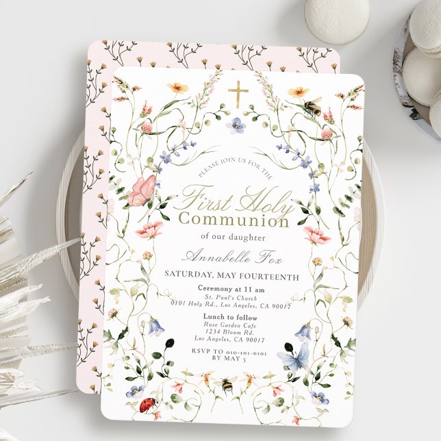 Invitation Fleur sauvage et papillon Première communion saint (Créateur téléchargé)