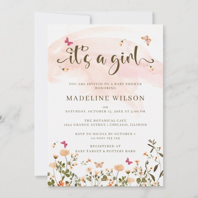 Invitation Fleur sauvage et papillons | Baby shower élégant (Devant)