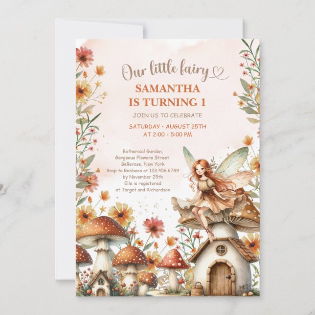 Invitation Fleur sauvage Fairy 1er anniversaire Garden Party (Devant)