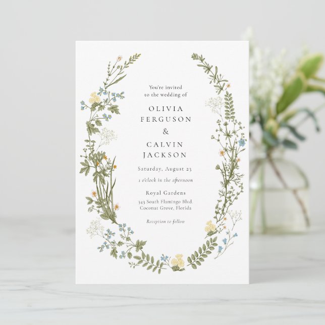 Invitation Fleur sauvage Fleurs jaunes et bleues Mariage de c (Debout devant)
