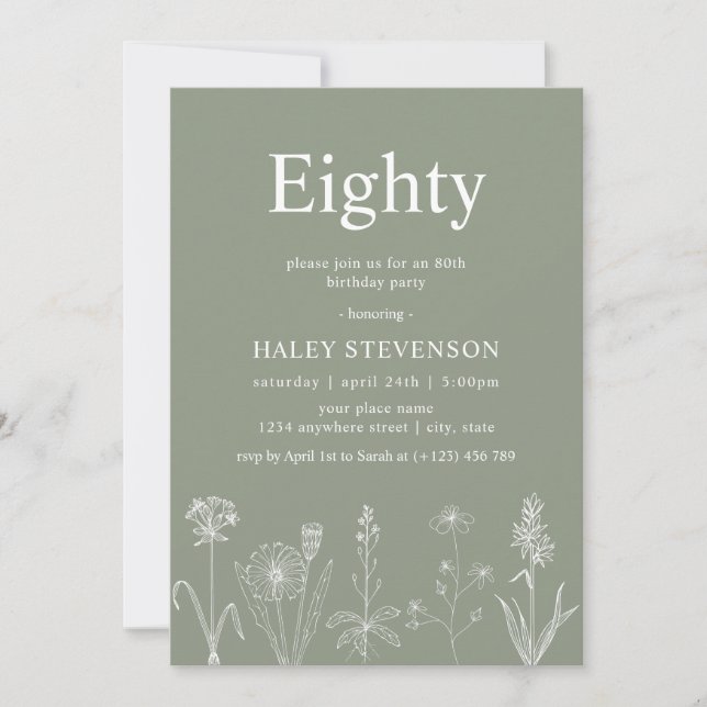 Invitation Fleur sauvage Floral 80e Sage Vert 80e Anniversair (Devant)