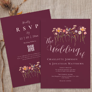 Invitation Fleur Sauvage Floral Bourgogne Rose Clair Code QR