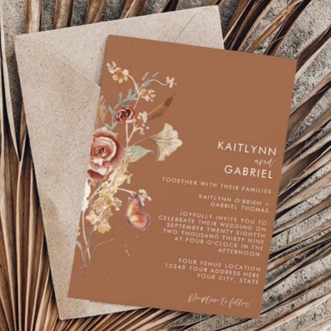 Invitation Fleur sauvage Floral Terracotta Aquarelle Mariage  (Créateur téléchargé)