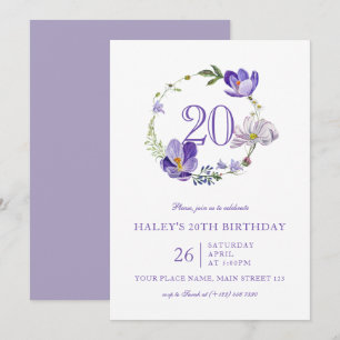 Invitation Fleur sauvage florale violette Anniversaire 20 ans