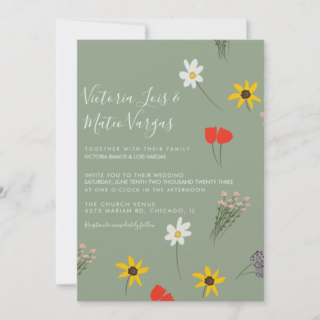 Invitation Fleur sauvage Flore verte Mariage Sage Green (Devant)