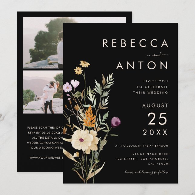 Invitation Fleur sauvage foncé 3 Photo Collage QR Code Mariag (Devant / Derrière)