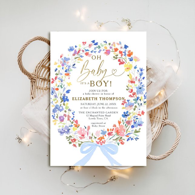 Invitation Fleur sauvage Garden Pink Bow Oh Baby Boy Douche g (wildflowers blue bow baby boy shower invitation garden backyard rustic barn meadow spring summer)