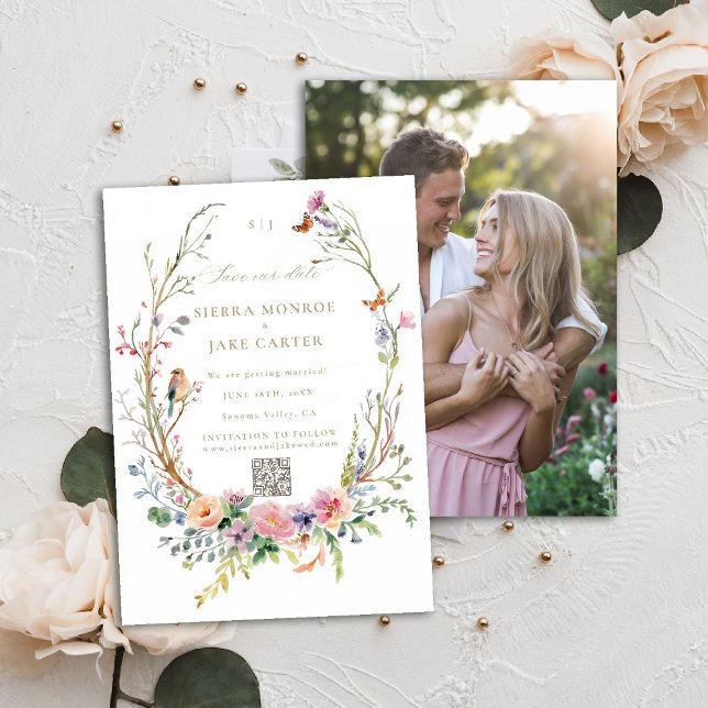 Invitation Fleur sauvage Garden QR Code Photo Mariage Date de (garden wedding save the date photo QR code wildflowers enchanted woodland forest butterflies bird)