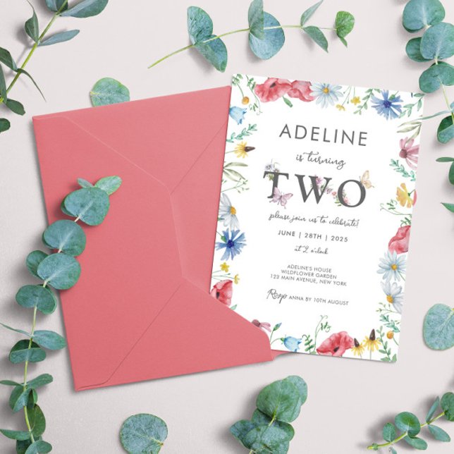 Invitation Fleur sauvage Girl 2e anniversaire Floral Butterfl (2nd Birthday invitation girl second birthday wildflower spring garden cute template instant download)