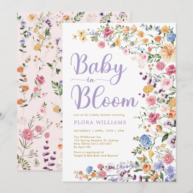 Invitation Fleur sauvage Jardin bébé en Fleur bébé fille Douc (Devant / Derrière)