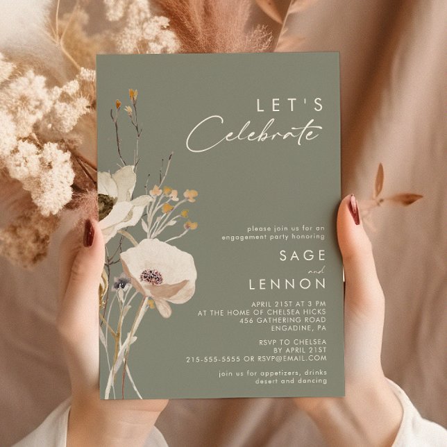 Invitation Fleur sauvage lunatique | Sage Green Célébrons (Créateur téléchargé)