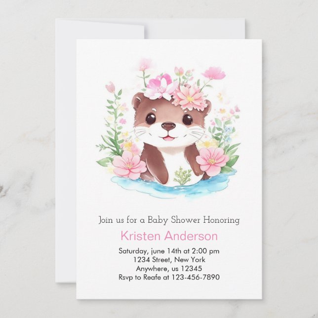 Invitation Fleur sauvage Magic Otter Pink Girl Baby shower (Devant)