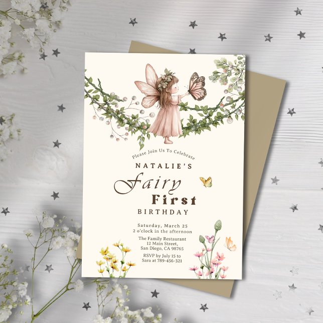 Invitation Fleur sauvage Magique Fée papillon Premier anniver (Magical Wildflower Butterfly Fairy First Birthday Invitation)