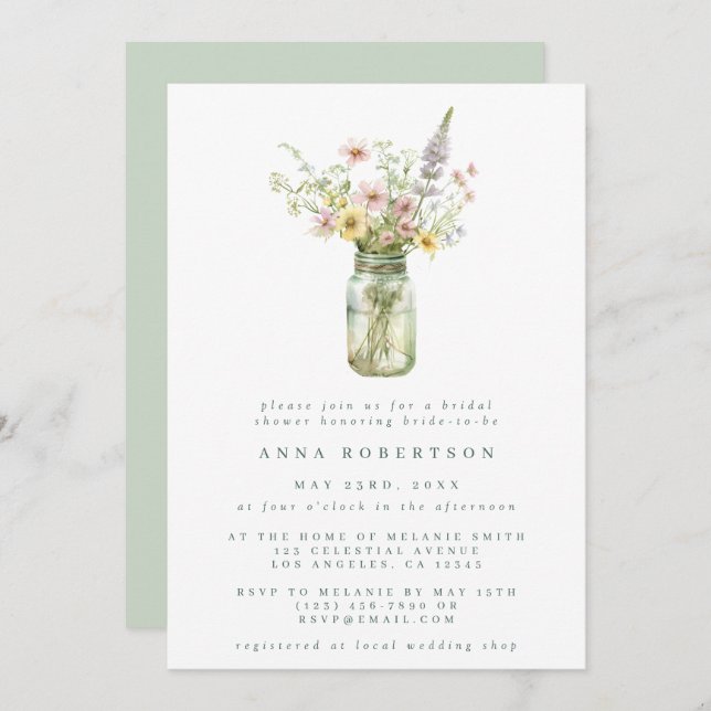 Invitation Fleur sauvage Mason Jar Fête des mariées (Devant / Derrière)