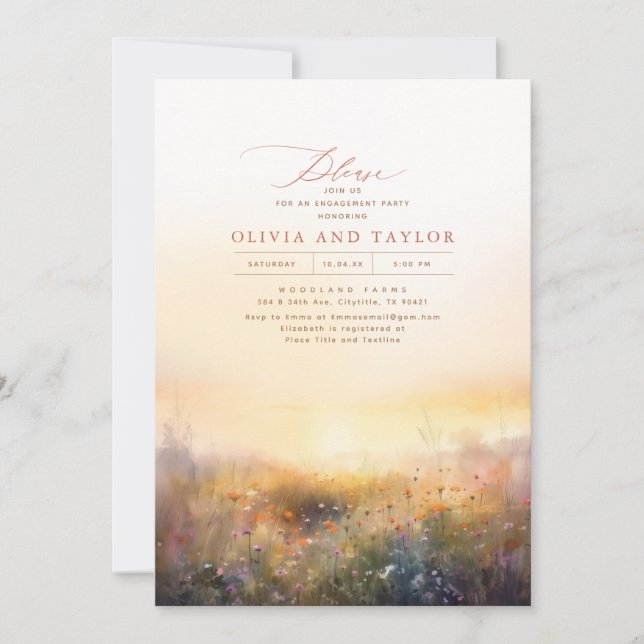 Invitation Fleur sauvage Meadow Elegant Summer Engagement Par (Devant)