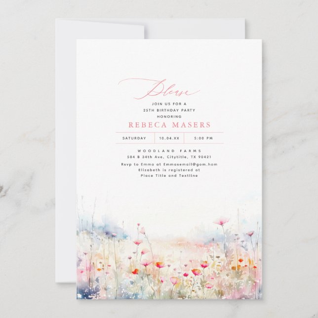Invitation Fleur sauvage Meadow Élégante fête d'été (Devant)