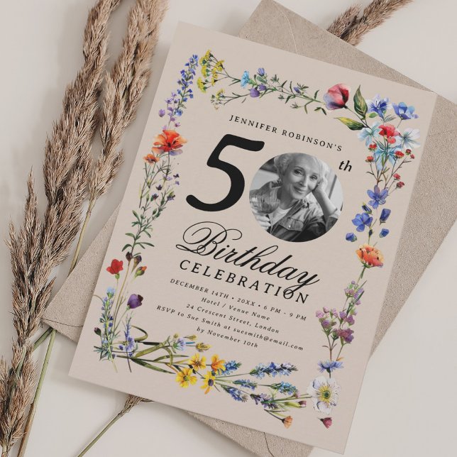 Invitation Fleur sauvage Meadow Photo 50e anniversaire Champa (Wildflower Meadow Photo 50th Birthday Champagne Invitation)