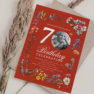 Invitation Fleur sauvage Meadow Photo 70th Birthday Party Red