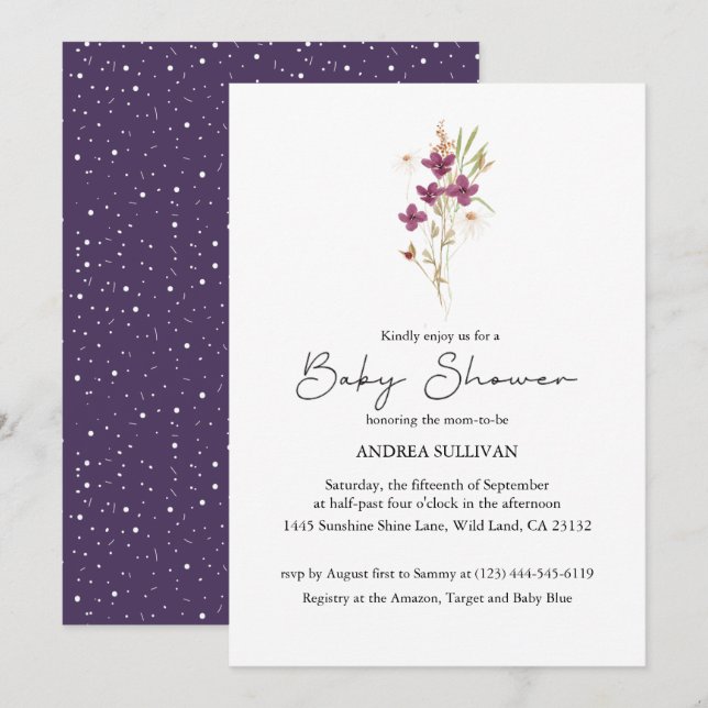 Invitation Fleur sauvage minimaliste Baby shower violet (Devant / Derrière)