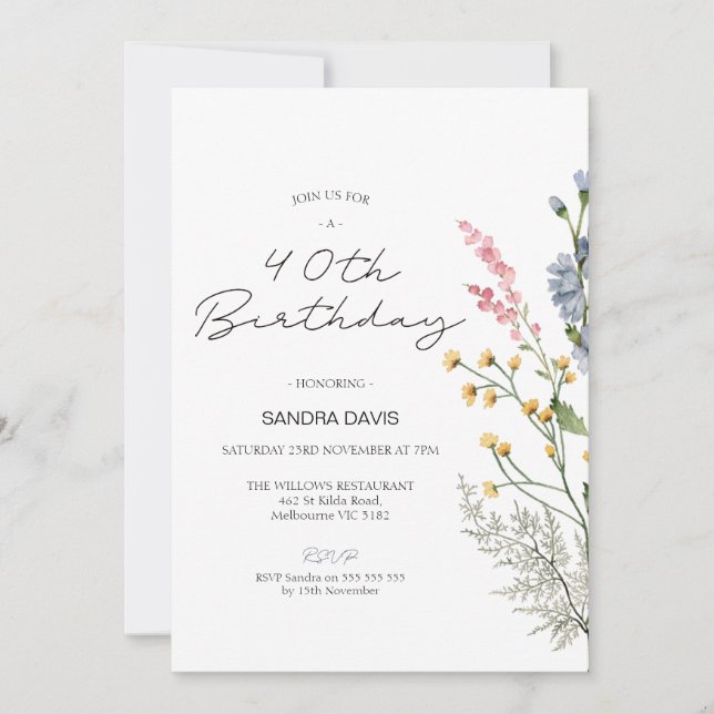 Invitation Fleur sauvage moderne 40e anniversaire (Devant)